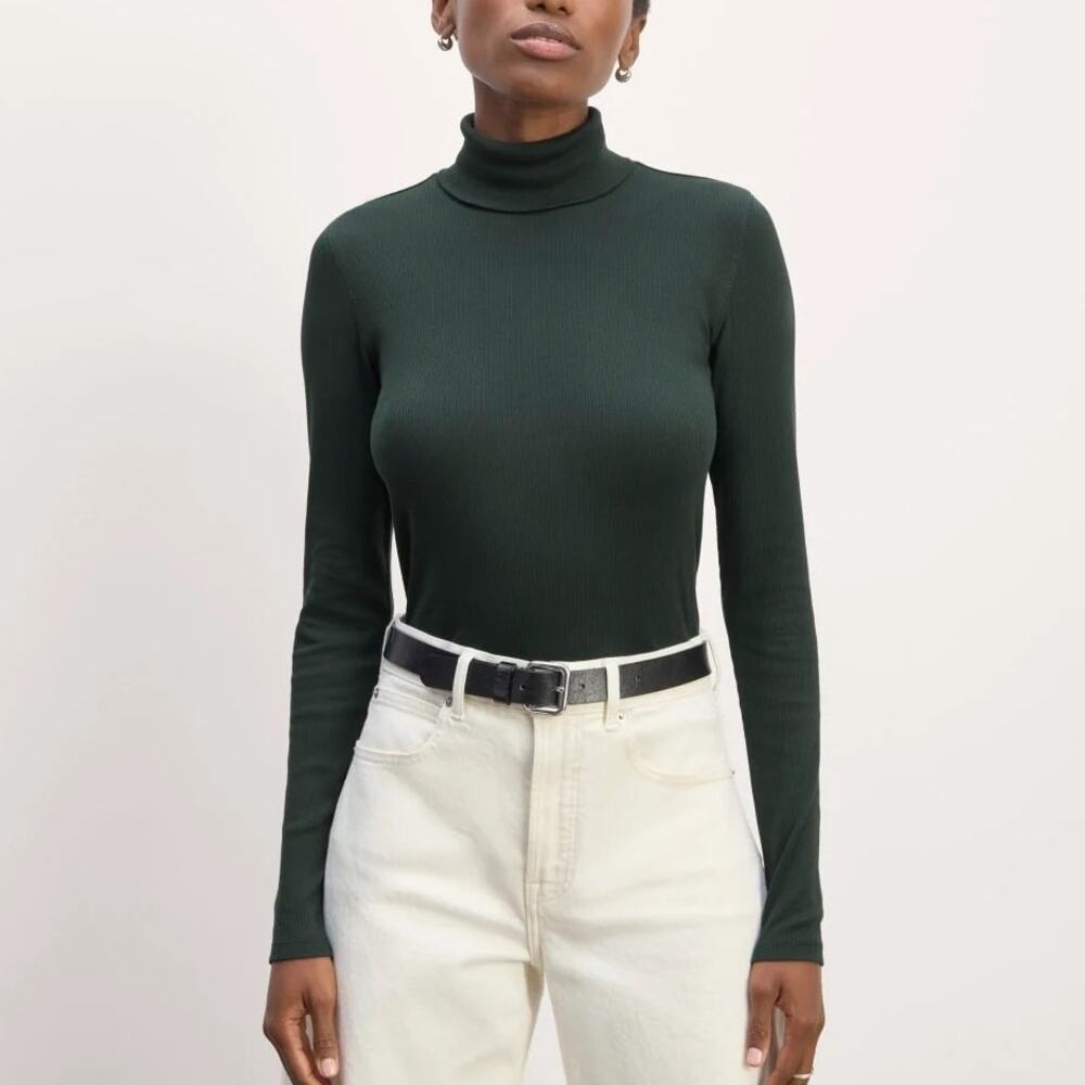 Everlane The Luxe Rib Turtleneck Long Sleeve Top Scarab Green Size Large NWOT